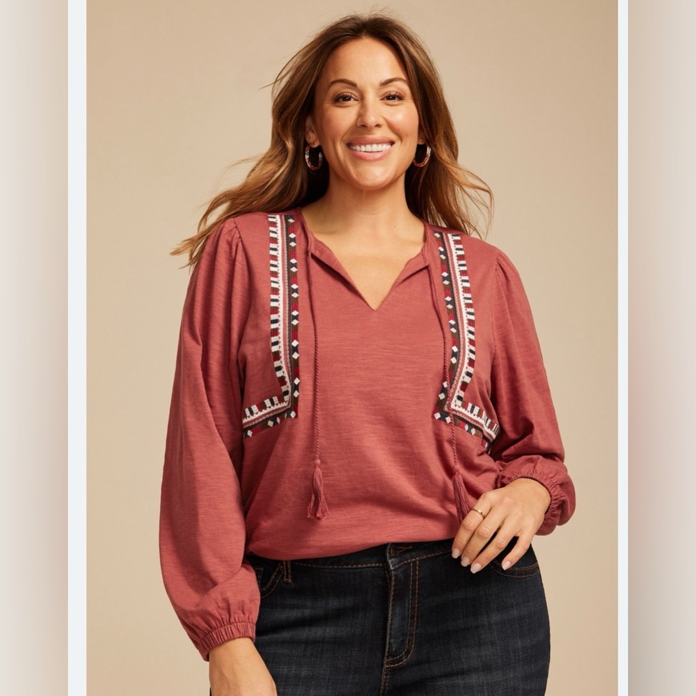 Maurice’s Rust Embroidered Long Sleeve Tie Front Blouse- XL